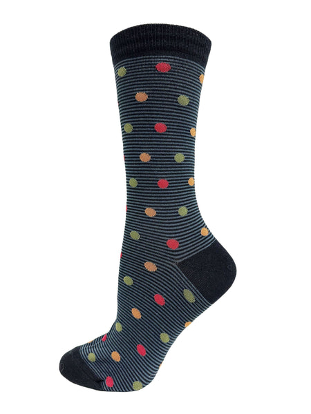 Ladies Cotton Dots on Black & Grey Stripes Sock